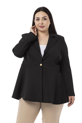 Büyük Beden Tek Düğmeli Belde Bant Detaylı Kloş Astarsız Siyah Ceket