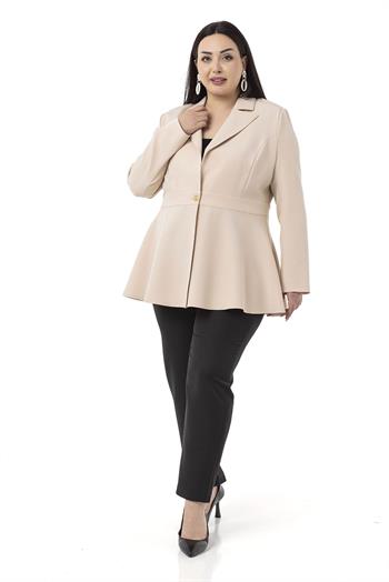 Büyük Beden Tek Düğmeli Belde Bant Detaylı Kloş Astarsız Krem Ceket 