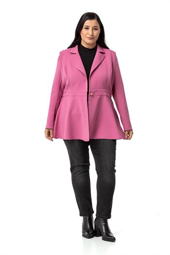 Büyük Beden Tek Düğmeli Belde Bant Detaylı Kloş Astarsız Gül Kurusu Ceket 