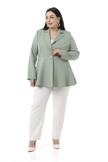 Büyük Beden Tek Düğmeli Belde Bant Detaylı Kloş Astarsız Mint Ceket 
