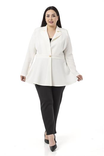 Büyük Beden Tek Düğmeli Belde Bant Detaylı Kloş Astarsız Beyaz Ceket 
