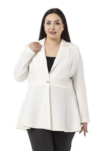 Büyük Beden Tek Düğmeli Belde Bant Detaylı Kloş Astarsız Beyaz Ceket 