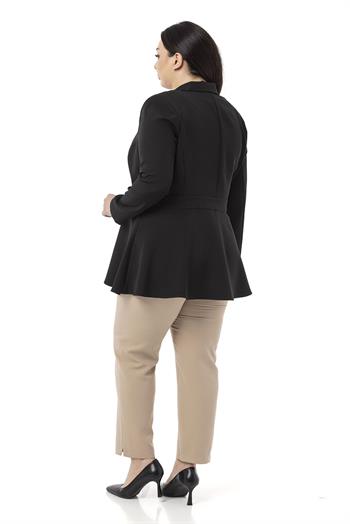 Büyük Beden Tek Düğmeli Belde Bant Detaylı Kloş Astarsız Siyah Ceket