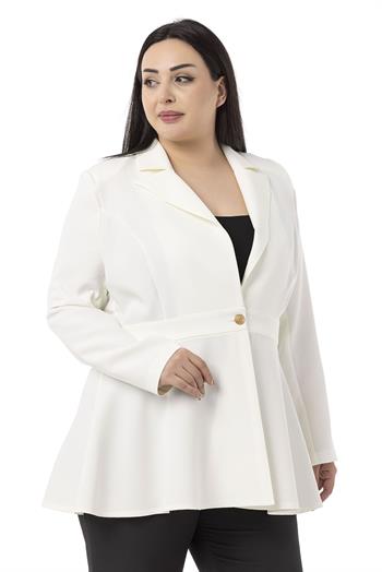 Büyük Beden Tek Düğmeli Belde Bant Detaylı Kloş Astarsız Beyaz Ceket 