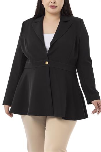 Büyük Beden Tek Düğmeli Belde Bant Detaylı Kloş Astarsız Siyah Ceket