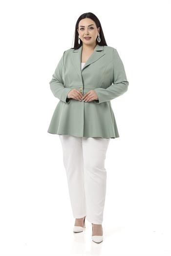 Büyük Beden Tek Düğmeli Belde Bant Detaylı Kloş Astarsız Mint Ceket 