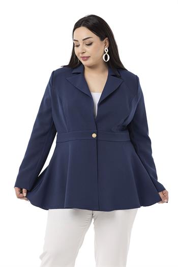 Büyük Beden Tek Düğmeli Belde Bant Detaylı Kloş Astarsız Lacivert Ceket 