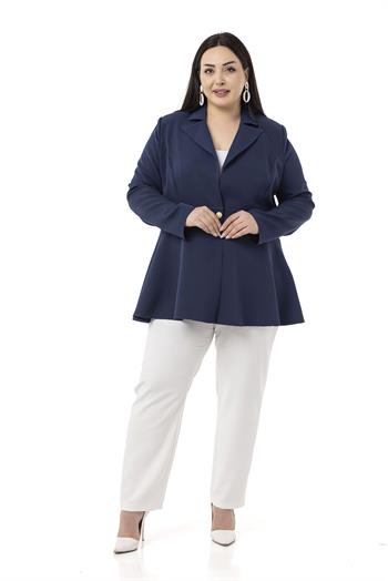 Büyük Beden Tek Düğmeli Belde Bant Detaylı Kloş Astarsız Lacivert Ceket 
