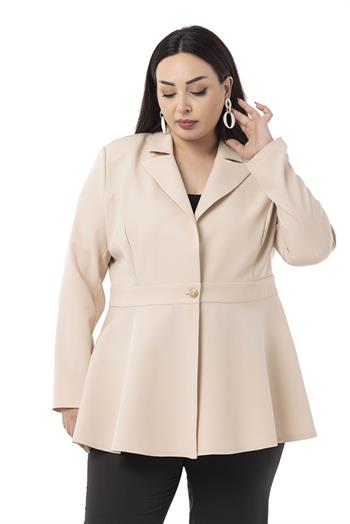 Büyük Beden Tek Düğmeli Belde Bant Detaylı Kloş Astarsız Krem Ceket 