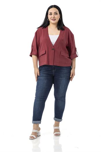 Büyük Beden Tek Düğmeli Düşük Yarım Kollu Apoletli Cepli Kısa Bordo Ceket