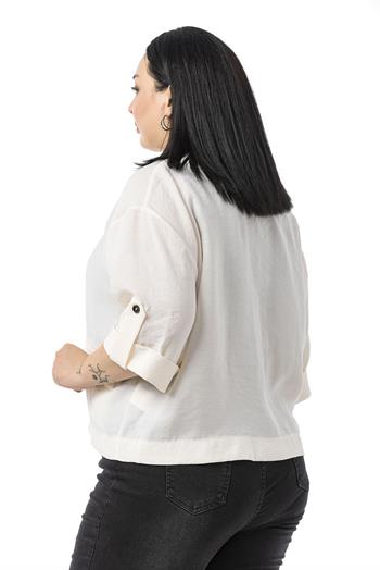 Büyük Beden Tek Düğmeli Düşük Yarım Kollu Apoletli Cepli Kısa Bej Rengi Ceket