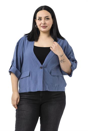 Büyük Beden Tek Düğmeli Düşük Yarım Kollu Apoletli Cepli Kısa İndigo Ceket