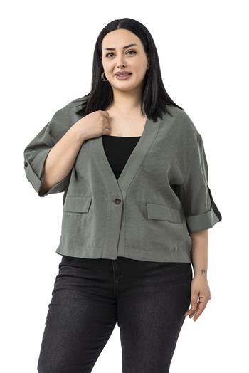 Büyük Beden Tek Düğmeli Düşük Yarım Kollu Apoletli Cepli Kısa Haki Ceket