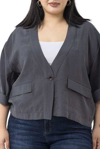 Büyük Beden Tek Düğmeli Düşük Yarım Kollu Apoletli Cepli Kısa Antrasit Ceket