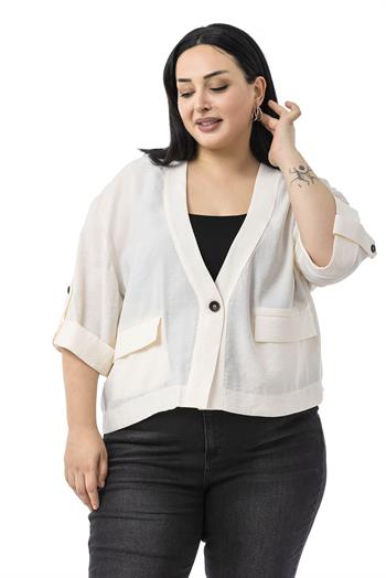 Büyük Beden Tek Düğmeli Düşük Yarım Kollu Apoletli Cepli Kısa Bej Rengi Ceket