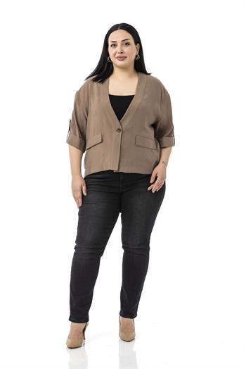 Büyük Beden Tek Düğmeli Düşük Yarım Kollu Apoletli Cepli Kısa Kahverengi Ceket