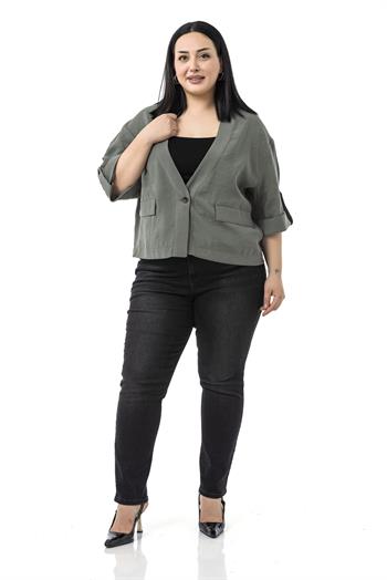 Büyük Beden Tek Düğmeli Düşük Yarım Kollu Apoletli Cepli Kısa Haki Ceket