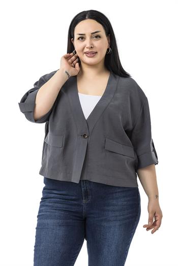 Büyük Beden Tek Düğmeli Düşük Yarım Kollu Apoletli Cepli Kısa Antrasit Ceket