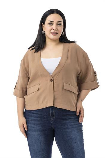 Büyük Beden Tek Düğmeli Düşük Yarım Kollu Apoletli Cepli Kısa Tarçın Ceket