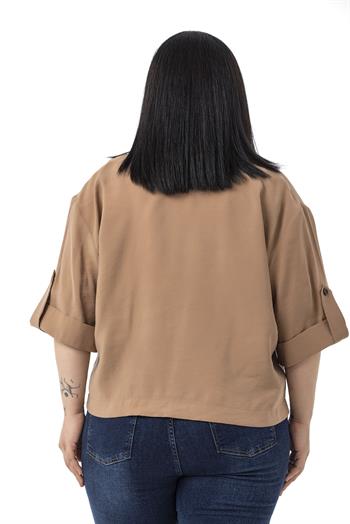 Büyük Beden Tek Düğmeli Düşük Yarım Kollu Apoletli Cepli Kısa Tarçın Ceket