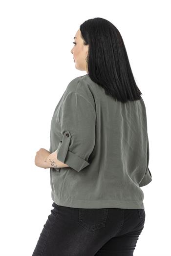 Büyük Beden Tek Düğmeli Düşük Yarım Kollu Apoletli Cepli Kısa Haki Ceket