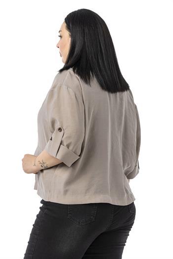 Büyük Beden Tek Düğmeli Düşük Yarım Kollu Apoletli Cepli Kısa Vizon Ceket