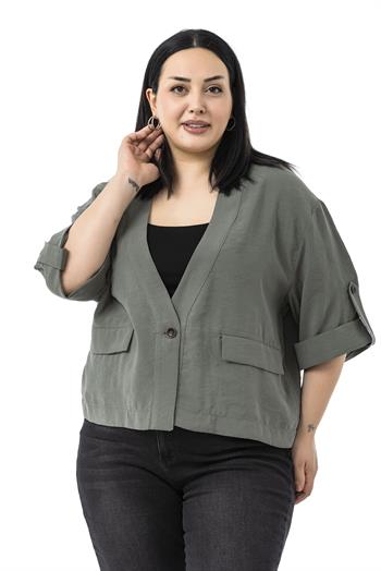 Büyük Beden Tek Düğmeli Düşük Yarım Kollu Apoletli Cepli Kısa Haki Ceket