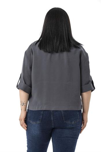 Büyük Beden Tek Düğmeli Düşük Yarım Kollu Apoletli Cepli Kısa Antrasit Ceket