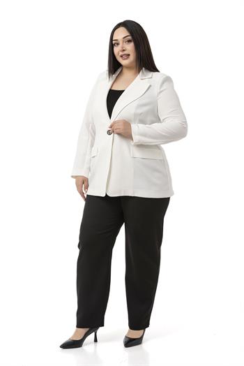Büyük Beden Tek Düğmeli Süs Cep Kapaklı Vatkalı Astarsız Beyaz Ceket