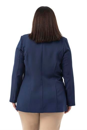 Büyük Beden Tek Düğmeli Süs Cep Kapaklı Vatkalı Astarsız Lacivert Ceket