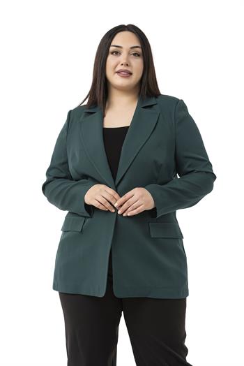Büyük Beden Tek Düğmeli Süs Cep Kapaklı Vatkalı Astarsız Zümrüt Yeşili Ceket