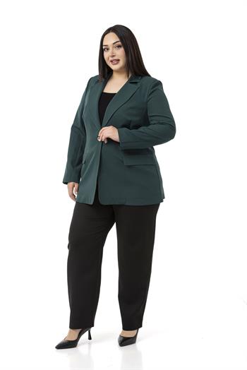 Büyük Beden Tek Düğmeli Süs Cep Kapaklı Vatkalı Astarsız Zümrüt Yeşili Ceket