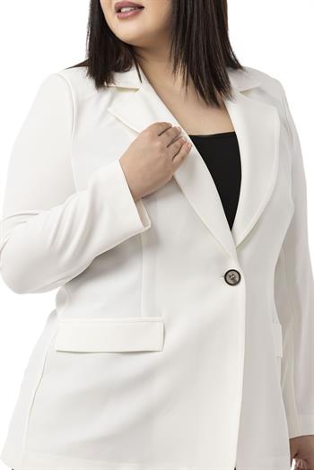 Büyük Beden Tek Düğmeli Süs Cep Kapaklı Vatkalı Astarsız Beyaz Ceket