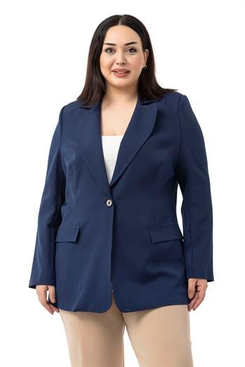 Büyük Beden Tek Düğmeli Süs Cep Kapaklı Vatkalı Astarsız Lacivert Ceket