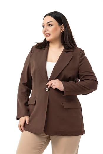 Büyük Beden Tek Düğmeli Süs Cep Kapaklı Vatkalı Astarsız Kahverengi Ceket