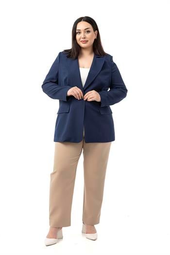 Büyük Beden Tek Düğmeli Süs Cep Kapaklı Vatkalı Astarsız Lacivert Ceket