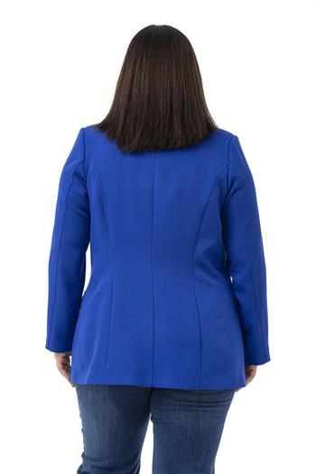 Büyük Beden Tek Düğmeli Süs Cep Kapaklı Vatkalı Astarsız Saks Mavi Ceket