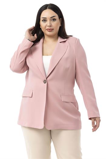 Büyük Beden Tek Düğmeli Süs Cep Kapaklı Vatkalı Astarsız Pembe Ceket
