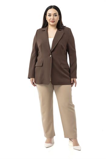 Büyük Beden Tek Düğmeli Süs Cep Kapaklı Vatkalı Astarsız Kahverengi Ceket