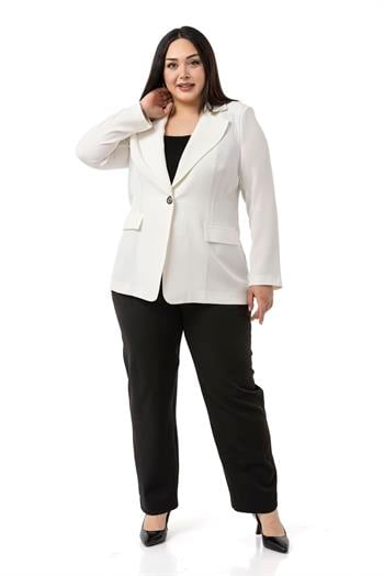 Büyük Beden Tek Düğmeli Süs Cep Kapaklı Vatkalı Astarsız Beyaz Ceket