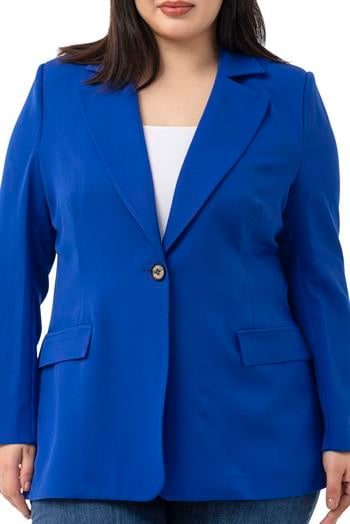 Büyük Beden Tek Düğmeli Süs Cep Kapaklı Vatkalı Astarsız Saks Mavi Ceket