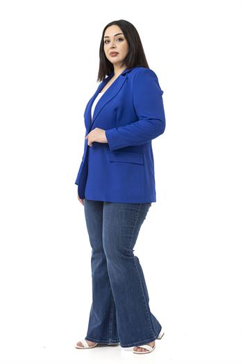 Büyük Beden Tek Düğmeli Süs Cep Kapaklı Vatkalı Astarsız Saks Mavi Ceket