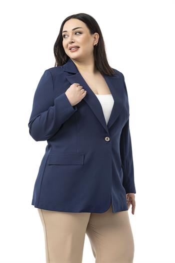 Büyük Beden Tek Düğmeli Süs Cep Kapaklı Vatkalı Astarsız Lacivert Ceket