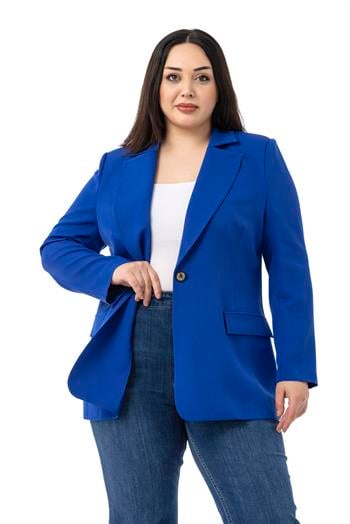 Büyük Beden Tek Düğmeli Süs Cep Kapaklı Vatkalı Astarsız Saks Mavi Ceket