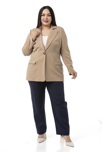 Büyük Beden Tek Düğmeli Süs Cep Kapaklı Vatkalı Astarsız Vizon Ceket