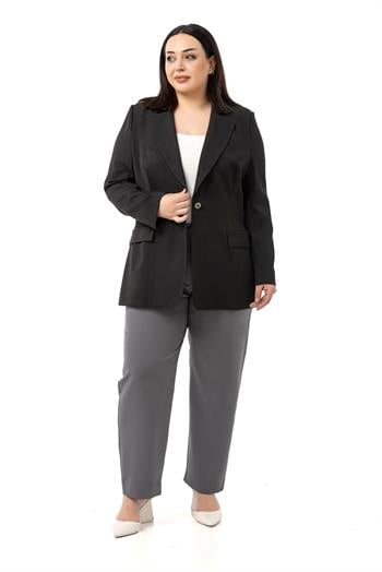 Büyük Beden Tek Düğmeli Süs Cep Kapaklı Vatkalı Astarsız Siyah Ceket