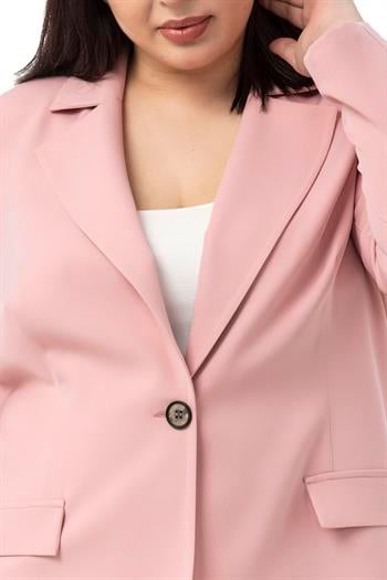 Büyük Beden Tek Düğmeli Süs Cep Kapaklı Vatkalı Astarsız Pembe Ceket