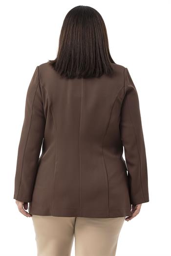 Büyük Beden Tek Düğmeli Süs Cep Kapaklı Vatkalı Astarsız Kahverengi Ceket