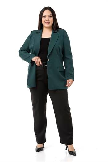 Büyük Beden Tek Düğmeli Süs Cep Kapaklı Vatkalı Astarsız Zümrüt Yeşili Ceket