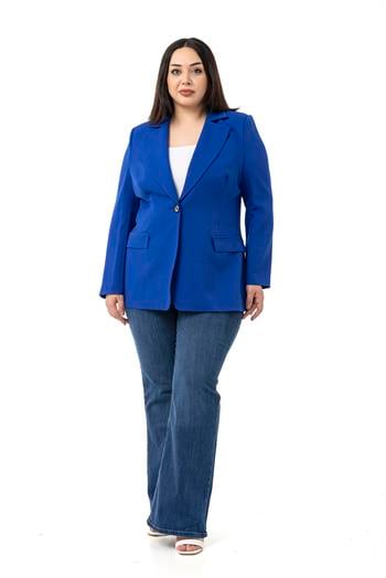 Büyük Beden Tek Düğmeli Süs Cep Kapaklı Vatkalı Astarsız Saks Mavi Ceket